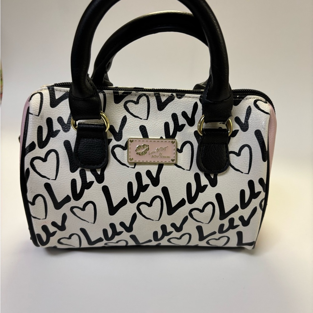 Betsey Johnson Harlee Mini Black and White Barrel Satchel bag with Luv and heart